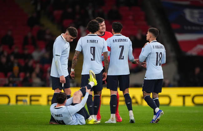 Harry Maguire Manchester United, ManU of England with Uruguay players during the International Friendly, Länderspiel, Nationalmannschaft match between England and Uruguay at Wembley Stadium, London, England on 27 March 2026. Copyright: xAndyxRowlandx PMI-7198-0101