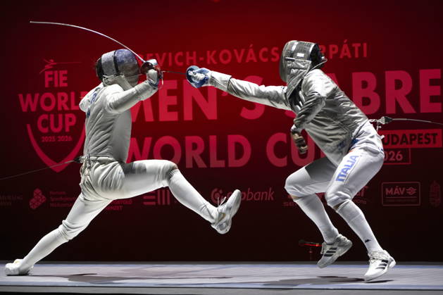 Sport Bilder des Tages Men s Sabre World Cup Finals Matteo Neri of Italy (R) in action against William Morrill of the USA during their Men s Sabre Individual final at the Gerevich-Kovacs-Karpati Sabre World Cup in Budapest, Hungary, 28 March 2026. BUDAPEST Hungary  Copyright: xMartonxKovacsx
