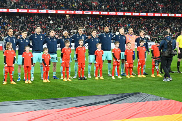 Basel, St.Jakob-Park, 27.03.26, GER, Herren, Laenderspiel: Schweiz - Deutschland Bild: Mannschaftsfoto, Gruppenfoto Deutschland: v.li. Leroy SANE (Deutschland), Florian WIRTZ (Deutschland), Kai HAVERTZ (Deutschland), David RAUM (Deutschland), Serge GNABRY (Deutschland), Leon GORETZKA (Deutschland), Angelo STILLER (Deutschland), Jonathan TAH (Deutschland), Nico SCHLOTTERBECK (Deutschland), Torwart Oliver BAUMANN (Deutschland) und Joshua KIMMICH (Deutschland) UEFA regulations prohibit any use of photographs as image sequences and or quasi-video. Basel Schweiz