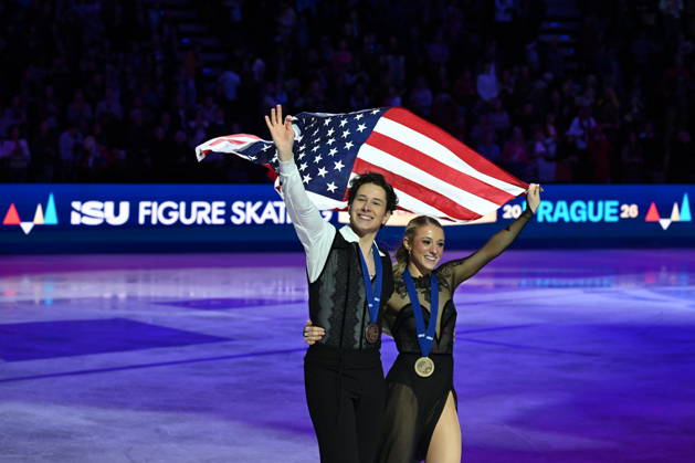 ISU Figure skating, Eiskunstlauf World Championships 2026 in Prague, Czech Republic - 28 Mar 2026 Emilea Zingas (R) and Vadym Kolesnik of the United States as seen during the medal ceremony for Ice Dance competition at the ISU Figure Skating World Championships 2026 at the O2 Arena. ISU Figure Skating World Championships 2026 takes place from 24th to 29th of March in Prague, Czech Republic. Prague Czech Republic Copyright: xTomasxTkacikx xSOPAxImagesx 20260328-isu-dance-32