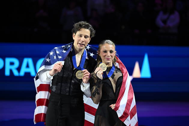 ISU Figure skating, Eiskunstlauf World Championships 2026 in Prague, Czech Republic - 28 Mar 2026 Emilea Zingas (R) and Vadym Kolesnik of the United States as seen during the medal ceremony for Ice Dance competition at the ISU Figure Skating World Championships 2026 at the O2 Arena. ISU Figure Skating World Championships 2026 takes place from 24th to 29th of March in Prague, Czech Republic. Prague Czech Republic Copyright: xTomasxTkacikx xSOPAxImagesx 20260328-isu-dance-38