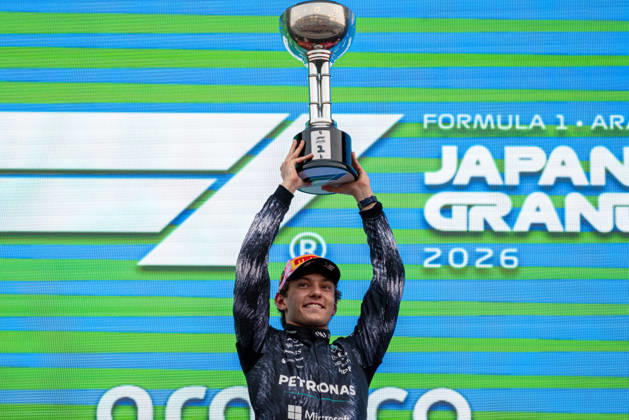 29th March 2026; Suzuka Circuit, Suzuka, Japan; 2026 FIA Formula 1 Japanese Grand Prix Race Day; Kimi Antonelli (12) of Italy and Mercedes-AMG PETRONAS Formula One Team winning the Japanese Grand Prix 2026 lifting the Japanese Grand Prix Champions trophy KeiichixMiyashita