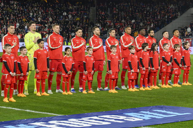 V.l.n.r. Granit Xhaka, Torhüter Gregor Kobel, Nico Elvedi, Fabian Rieder, Silvan Widmer, Remo Freuler, Manuel Akanji, Breel Embolo, Eray Cömert, Ruben Vargas, Dan Ndoye , SUI, Schweiz - Deutschland, Nationalmannschaft, Fussball, 27.03.2026
