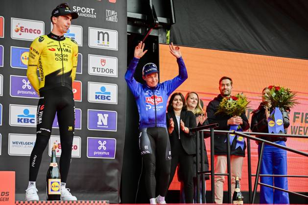 In Flanders Fields From Middelkerke to Wevelgem 2026 Cycling Race WEVELGEM, BELGIUM - MARCH 29 : Laporte Christophe (FRA) of Team Visma Lease a Bike, Philipsen Jasper (BEL) of Alpecin Premier Tech on the podium during the 88th edition of In Flanders Fields From Middelkerke to Wevelgem an UCI World Tour 1.UWT one day cycling road race for Men Elite of 240 km with start in Middelkerke and finish in Wevelgem on March 29, 2026 in Wevelgem, Belgium, 29 03 2026 ( Motordriver Guy De Vuyst - Wevelgem Belgium Copyright: xJanxDexMeuleneirx
