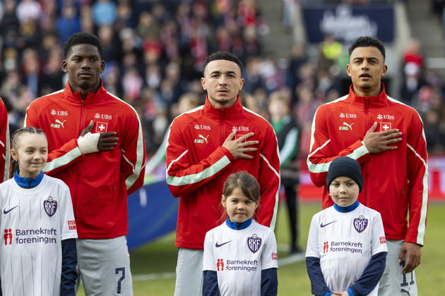 Soccer International Friendly, Länderspiel, Nationalmannschaft - Norway vs Switzerland (L-R) Switzerland s Breel Embolo, Ruben Vargas, and Dan Ndoye before a friendly soccer match between Norway and Switzerland at the Ullevaal Stadium in Oslo, Norway, 31 March 2026. OSLO Norway  Copyright: xCYRILxZINGAROx