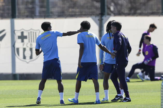 April 3, 2026, Sant Joan Despi, Barcelona, SPAIN: Alejandro Balde and Lamine Yamal during the training day of FC Barcelona, Barca ahead the Spanish League, Laliga EA Sports, football match against Atletico de Madrid at Ciudad Esportiva Joan Gamper on April 03, 2026 in Sant Joan Despi, Barcelona, Spain. FC Barcelona Training And press conference, PK, Pressekonferenz - LaLiga EA Sports - ZUMAa181 20260403_zaa_a181_021 Copyright: xJavierxBorregox