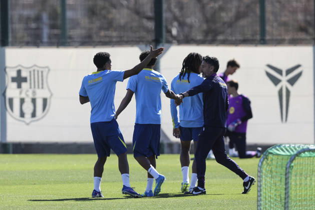 April 3, 2026, Sant Joan Despi, Barcelona, SPAIN: Alejandro Balde and Lamine Yamal during the training day of FC Barcelona, Barca ahead the Spanish League, Laliga EA Sports, football match against Atletico de Madrid at Ciudad Esportiva Joan Gamper on April 03, 2026 in Sant Joan Despi, Barcelona, Spain. FC Barcelona Training And press conference, PK, Pressekonferenz - LaLiga EA Sports - ZUMAa181 20260403_zaa_a181_026 Copyright: xJavierxBorregox