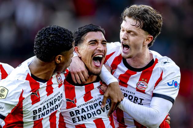 EINDHOVEN - PSV Eindhoven player Couhaib Driouech scores the 4-3 and celebrates his goal during the Dutch Vriendenloterij Eredivisie match between PSV and FC Utrecht at Philips Stadium on April 4, 2026, in Eindhoven, the Netherlands. (Photo by DeFodi Images) -