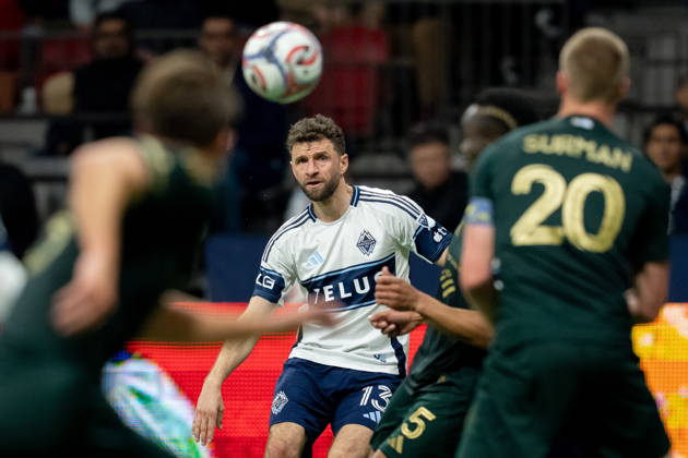 April 4, 2026, Vancouver, Bc, CANADA: Vancouver Whitecaps Thomas Muller (13) kicks the ball during the second half of an MLS, Fussball Herren, USA soccer match against the Portland Timbers in Vancouver, on Saturday, April 4, 2026. Canada News - April 4, 2026 - ZUMAc35_ 20260404_zaf_c35_064 Copyright: xEthanxCairnsx