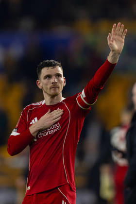 Football - FA Cup - 5th Round - Liverpool FC v Wolverhampton Wanderers FC WOLVERHAMPTON, ENGLAND - Friday, March 6, 2026: Liverpool s goalscorer Andy Robertson taps the badge after the FA Cup 5th Round match between Liverpool FC and Wolverhampton Wanderers FC at Molineux. The game ended 1-3. (Photo by David Rawcliffe Propaganda) WOLVERHAMPTON Molineux WEST MIDLANDS ENGLAND Copyright: xPropagandaxPhotoxAgencyx P2026-03-06-Wolves_Liverpool-129