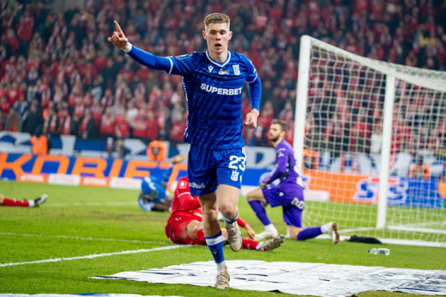 Gisli Thordarson (23) celebrating seen during PKO Ekstraklasa 25 26 game between teams of Widzew Lodz and Lech Poznan (Kazimierz Koper Ball Raw Images) Lodz Stadion Miejski Widzewa - Serce Lodzi Poland Copyright: xKazimierzxKoperx KOP_WIDvLPO-044