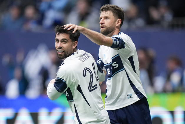 April 11, 2026, Vancouver, Bc, CANADA: Vancouver Whitecaps Brian White, front left, and Thomas Muller celebrate White s goal during the second half of an MLS, Fussball Herren, USA soccer match against New York City FC, in Vancouver, on Saturday, April 11, 2026. Canada News - April 11, 2026 - ZUMAc35_ 20260411_zaf_c35_143 Copyright: xDarrylxDyckx