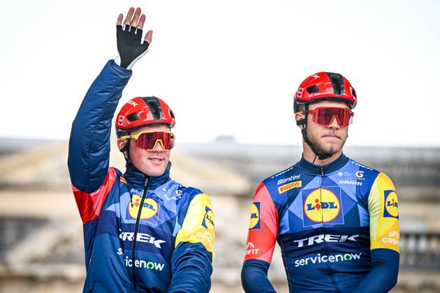 Danish Mads Pedersen of Lidl-Trek and Italian Jonathan Milan of Lidl-Trek pictured at the start of the men s Paris-Roubaix cycling race, Sunday 12 April 2026, around Roubaix, France. The 123rd edition of Paris-Roubaix cycling races will take on Sunday, with the women riding 143,1 km the men riding 258,3 km on Sunday. ELIASxROM x170551274x