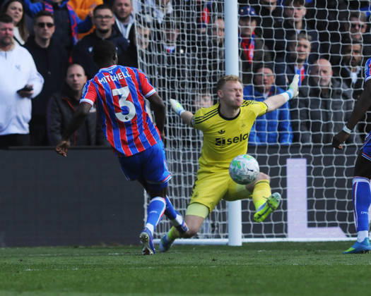 Football - 2025 2026 Premier League - Crystal Palace vs. Newcastle United - Selhurst Park - Sunday 12th April 2026 Tyrick Mitchell sets up Jean Philippe Mateta of Crystal Palace for his first goal his goal past Aaron Ramsdale