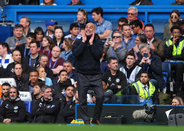 12th April 2026; Stamford Bridge, Chelsea, London, England: Premier League Football, Chelsea versus Manchester City; Manchester City manager Pep Guardiola shouting instructions to his players from the touchline JPxFletcher