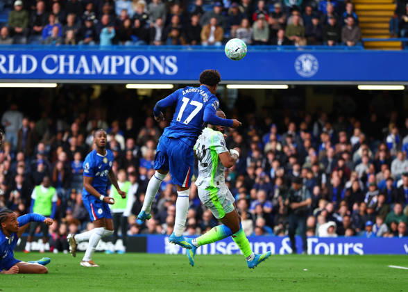 12th April 2026; Stamford Bridge, Chelsea, London, England: Premier League Football, Chelsea versus Manchester City; Andrey Santos of Chelsea heads the ball JPxFletcher
