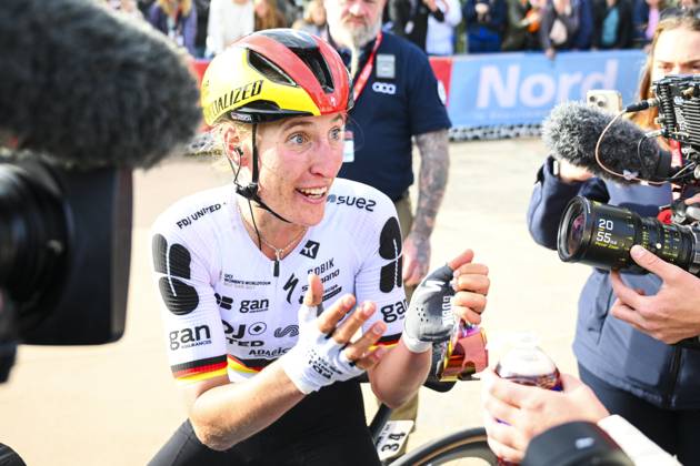 Paris - Roubaix Hauts-de-France 2026 Cycling Race ROUBAIX, FRANCE - APRIL 12 : Koch Franziska (GER) of FDJ United - SUEZ celebrating her victory during the 123rd edition of Paris - Roubaix Hauts-de-France an UCI World Tour 1.UWT one day cycling road race for Women Elite of 258 km with start in Compiegne and finish in Roubaix on April 12, 2026 in Roubaix, France, 12 04 2026 ( Motordriver Kenny Verfaillie - Roubaix France  Copyright: xVincentxKalutx