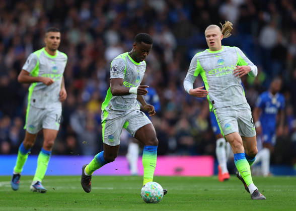12th April 2026; Stamford Bridge, Chelsea, London, England: Premier League Football, Chelsea versus Manchester City; Marc Guehi of Manchester City on the ball JPxFletcher