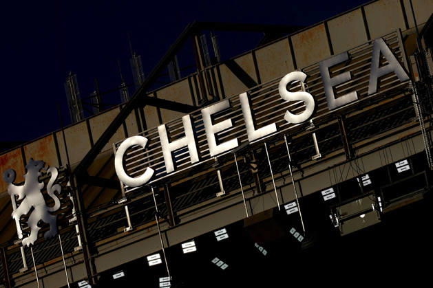 12th April 2026; Stamford Bridge, Chelsea, London, England: Premier League Football, Chelsea versus Manchester City; Sunlight shining over the Chelsea banner above Stamford Bridge JPxFletcher