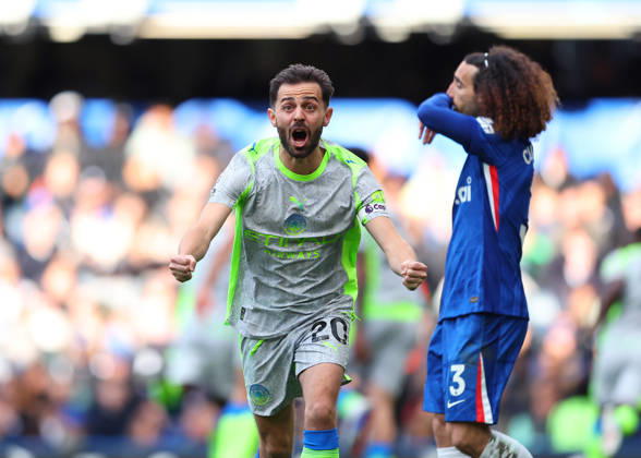 12th April 2026; Stamford Bridge, Chelsea, London, England: Premier League Football, Chelsea versus Manchester City; Bernardo Silva of Manchester City celebrates immediately after Marc Guehi of Manchester City scored his sides 2nd goal in the 57th minute for 2-0 JPxFletcher