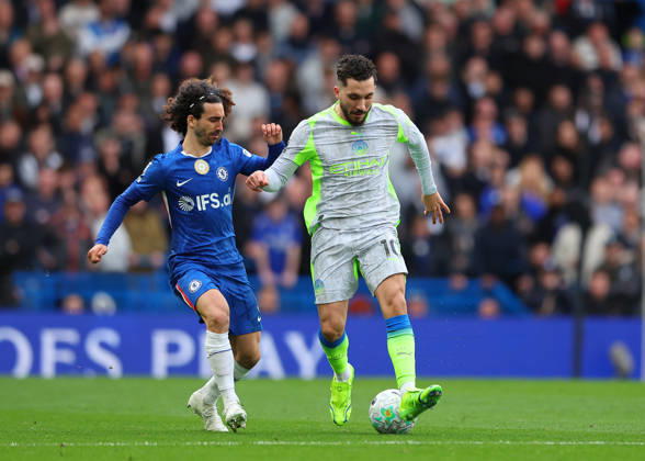 12th April 2026; Stamford Bridge, Chelsea, London, England: Premier League Football, Chelsea versus Manchester City; Rayan Cherki of Manchester City under pressure from Marc Cucurella of Chelsea JPxFletcher
