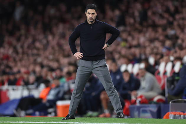 London, England, 15th April 2026. Mikel Arteta manager of Arsenal during the Arsenal vs Sporting Lisbon UEFA Champions League quarter final 2nd leg match at the Emirates Stadium, London. Picture credit should read: David Klein Sportimage EDITORIAL USE ONLY. No use with unauthorised audio, video, data, fixture lists, club league logos or live services. Online in-match use limited to 120 images, no video emulation. No use in betting, games or single club league player publications. SPI_061_DK_Arsenal_Sporting_Lisbon SPI-4686-0061