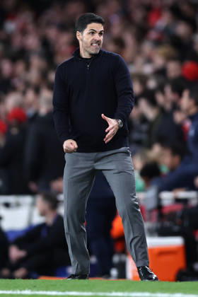 London, England, 15th April 2026. Mikel Arteta manager of Arsenal reacts during the Arsenal vs Sporting Lisbon UEFA Champions League quarter final 2nd leg match at the Emirates Stadium, London. Picture credit should read: David Klein Sportimage EDITORIAL USE ONLY. No use with unauthorised audio, video, data, fixture lists, club league logos or live services. Online in-match use limited to 120 images, no video emulation. No use in betting, games or single club league player publications. SPI_064_DK_Arsenal_Sporting_Lisbon SPI-4686-0064