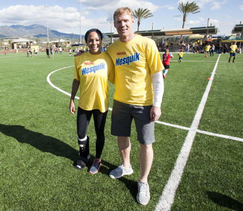 Jan. 31, 2015 - Lake Forest, California, USA - American soccer player for the US 1994 World Cup Team as well as Fox Sports Commentator, Alexi Lalas, came out to teach and guide young soccer players on Saturday, January 31, 2015 in Lake Forest, California. Lalas, now retired has had a significant role in organizing and supporting the development of American Professional Soccer including roles as general manager of several pro teams including the LA Galaxy.---American soccer champions Alexi Lalas and Sydney Leroux came out to give boy and girl soccer players from Region 85 a training tune up on their soccer skills at the Lake Forest Sports Park in Lake Forest on Saturday. In the photo, Sydney Leroux and Alexi Lalas stand together mid-field on Saturday. Copyright: xDavidxBrox