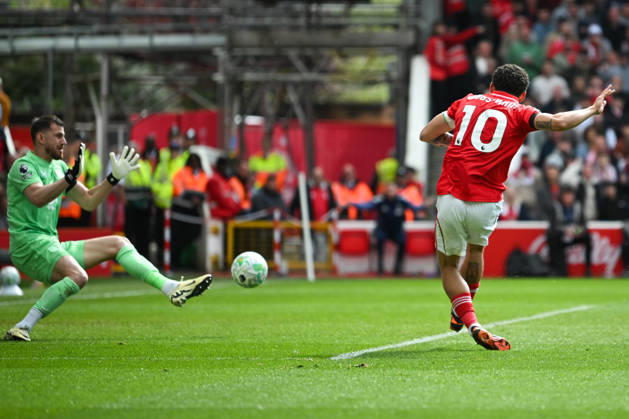 Nottingham, England, 19th April 2026. Morgan Gibbs-White of Nottingham Forest scores an equalising goal for his team to make it 1-1 during the Nottingham Forest vs Burnley Premier League match at the City Ground, Nottingham. Picture credit should read: Harriet Massey Sportimage EDITORIAL USE ONLY. No use with unauthorised audio, video, data, fixture lists, club league logos or live services. Online in-match use limited to 120 images, no video emulation. No use in betting, games or single club league player publications. SPI_065_FOREST_V_BURNLEY SPI-4702-0060