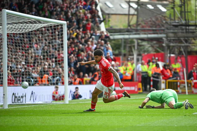 Nottingham, England, 19th April 2026. Morgan Gibbs-White of Nottingham Forest celebrates scoring an equalising goal for his team to make it 1-1 during the Nottingham Forest vs Burnley Premier League match at the City Ground, Nottingham. Picture credit should read: Harriet Massey Sportimage EDITORIAL USE ONLY. No use with unauthorised audio, video, data, fixture lists, club league logos or live services. Online in-match use limited to 120 images, no video emulation. No use in betting, games or single club league player publications. SPI_066_FOREST_V_BURNLEY SPI-4702-0061