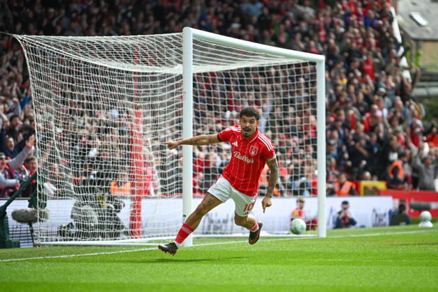 Nottingham, England, 19th April 2026. Morgan Gibbs-White of Nottingham Forest celebrates scoring an equalising goal for his team to make it 1-1 during the Nottingham Forest vs Burnley Premier League match at the City Ground, Nottingham. Picture credit should read: Harriet Massey Sportimage EDITORIAL USE ONLY. No use with unauthorised audio, video, data, fixture lists, club league logos or live services. Online in-match use limited to 120 images, no video emulation. No use in betting, games or single club league player publications. SPI_067_FOREST_V_BURNLEY SPI-4702-0062