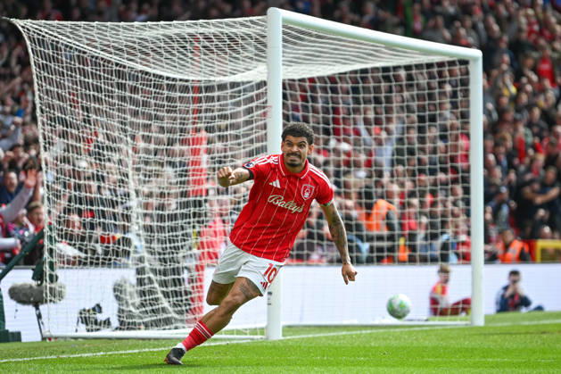 Nottingham, England, 19th April 2026. Morgan Gibbs-White of Nottingham Forest celebrates scoring an equalising goal for his team to make it 1-1 during the Nottingham Forest vs Burnley Premier League match at the City Ground, Nottingham. Picture credit should read: Harriet Massey Sportimage EDITORIAL USE ONLY. No use with unauthorised audio, video, data, fixture lists, club league logos or live services. Online in-match use limited to 120 images, no video emulation. No use in betting, games or single club league player publications. SPI_068_FOREST_V_BURNLEY SPI-4702-0063