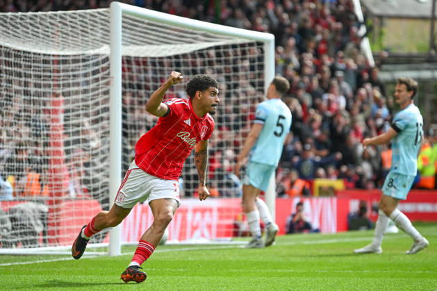 Nottingham, England, 19th April 2026. Morgan Gibbs-White of Nottingham Forest celebrates scoring an equalising goal for his team to make it 1-1 during the Nottingham Forest vs Burnley Premier League match at the City Ground, Nottingham. Picture credit should read: Harriet Massey Sportimage EDITORIAL USE ONLY. No use with unauthorised audio, video, data, fixture lists, club league logos or live services. Online in-match use limited to 120 images, no video emulation. No use in betting, games or single club league player publications. SPI_069_FOREST_V_BURNLEY SPI-4702-0064