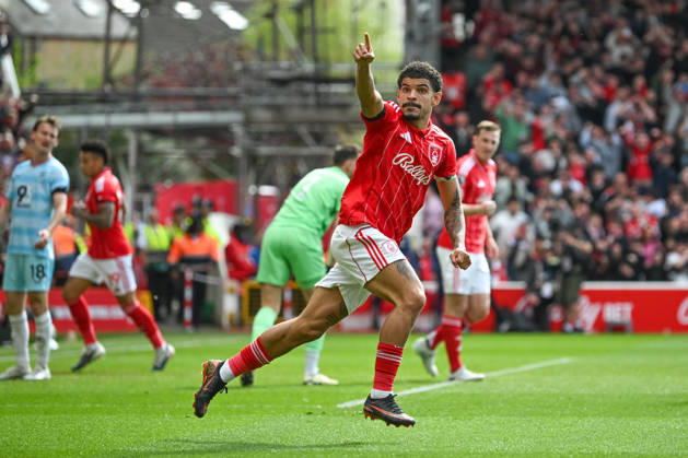 Nottingham, England, 19th April 2026. Morgan Gibbs-White of Nottingham Forest celebrates scoring an equalising goal for his team to make it 1-1 during the Nottingham Forest vs Burnley Premier League match at the City Ground, Nottingham. Picture credit should read: Harriet Massey Sportimage EDITORIAL USE ONLY. No use with unauthorised audio, video, data, fixture lists, club league logos or live services. Online in-match use limited to 120 images, no video emulation. No use in betting, games or single club league player publications. SPI_071_FOREST_V_BURNLEY SPI-4702-0066