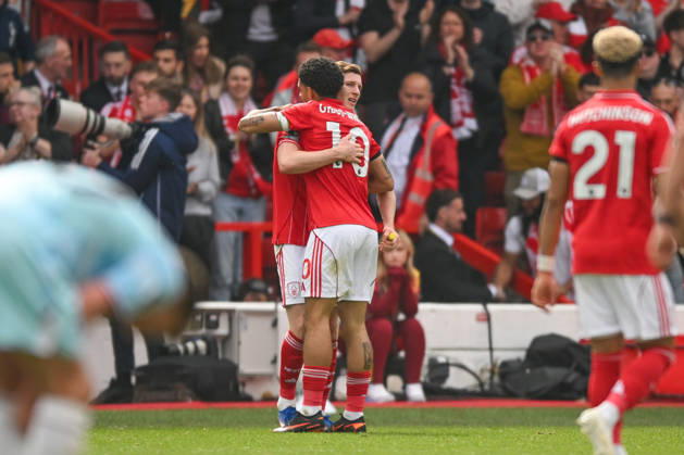 Nottingham, England, 19th April 2026. Morgan Gibbs-White of Nottingham Forest celebrates scoring an equalising goal for his team to make it 1-1 with Elliot Anderson of Nottingham Forest during the Nottingham Forest vs Burnley Premier League match at the City Ground, Nottingham. Picture credit should read: Harriet Massey Sportimage EDITORIAL USE ONLY. No use with unauthorised audio, video, data, fixture lists, club league logos or live services. Online in-match use limited to 120 images, no video emulation. No use in betting, games or single club league player publications. SPI_072_FOREST_V_BURNLEY SPI-4702-0067