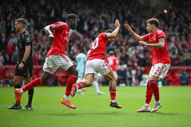 Nottingham, England, 19th April 2026. Morgan Gibbs-White of Nottingham Forest celebrates scoring an equalising goal for his team to make it 1-1 during the Nottingham Forest vs Burnley Premier League match at the City Ground, Nottingham. Picture credit should read: Harriet Massey Sportimage EDITORIAL USE ONLY. No use with unauthorised audio, video, data, fixture lists, club league logos or live services. Online in-match use limited to 120 images, no video emulation. No use in betting, games or single club league player publications. SPI_074_FOREST_V_BURNLEY SPI-4702-0069