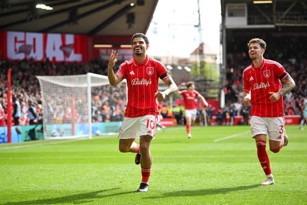 Nottingham, England, 19th April 2026. Morgan Gibbs-White of Nottingham Forest celebrates scoring a third goal for his side to complete his hat-trick during the Nottingham Forest vs Burnley Premier League match at the City Ground, Nottingham. Picture credit should read: Harriet Massey Sportimage EDITORIAL USE ONLY. No use with unauthorised audio, video, data, fixture lists, club league logos or live services. Online in-match use limited to 120 images, no video emulation. No use in betting, games or single club league player publications. SPI_079_FOREST_V_BURNLEY SPI-4702-0073