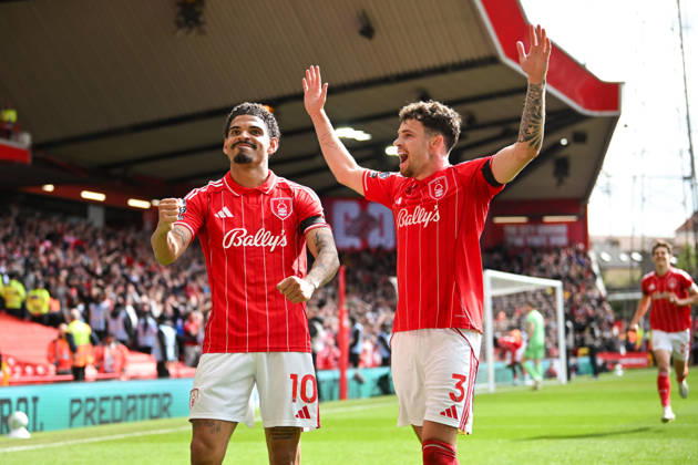 Nottingham, England, 19th April 2026. Morgan Gibbs-White of Nottingham Forest celebrates scoring a third goal for his side to complete his hat-trick during the Nottingham Forest vs Burnley Premier League match at the City Ground, Nottingham. Picture credit should read: Harriet Massey Sportimage EDITORIAL USE ONLY. No use with unauthorised audio, video, data, fixture lists, club league logos or live services. Online in-match use limited to 120 images, no video emulation. No use in betting, games or single club league player publications. SPI_080_FOREST_V_BURNLEY SPI-4702-0074