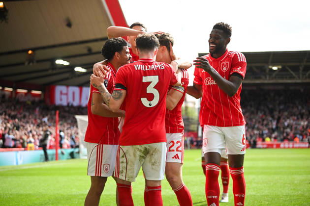 Nottingham, England, 19th April 2026. Morgan Gibbs-White of Nottingham Forest celebrates scoring a third goal for his side to complete his hat-trick during the Nottingham Forest vs Burnley Premier League match at the City Ground, Nottingham. Picture credit should read: Harriet Massey Sportimage EDITORIAL USE ONLY. No use with unauthorised audio, video, data, fixture lists, club league logos or live services. Online in-match use limited to 120 images, no video emulation. No use in betting, games or single club league player publications. SPI_081_FOREST_V_BURNLEY SPI-4702-0075