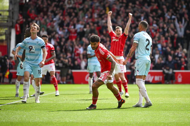 Nottingham, England, 19th April 2026. Morgan Gibbs-White of Nottingham Forest celebrates scoring a second goal to make it 2-1 to his team during the Nottingham Forest vs Burnley Premier League match at the City Ground, Nottingham. Picture credit should read: Harriet Massey Sportimage EDITORIAL USE ONLY. No use with unauthorised audio, video, data, fixture lists, club league logos or live services. Online in-match use limited to 120 images, no video emulation. No use in betting, games or single club league player publications. SPI_082_FOREST_V_BURNLEY SPI-4702-0076