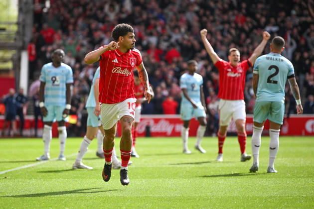 Nottingham, England, 19th April 2026. Morgan Gibbs-White of Nottingham Forest celebrates scoring a second goal to make it 2-1 to his team during the Nottingham Forest vs Burnley Premier League match at the City Ground, Nottingham. Picture credit should read: Harriet Massey Sportimage EDITORIAL USE ONLY. No use with unauthorised audio, video, data, fixture lists, club league logos or live services. Online in-match use limited to 120 images, no video emulation. No use in betting, games or single club league player publications. SPI_083_FOREST_V_BURNLEY SPI-4702-0077