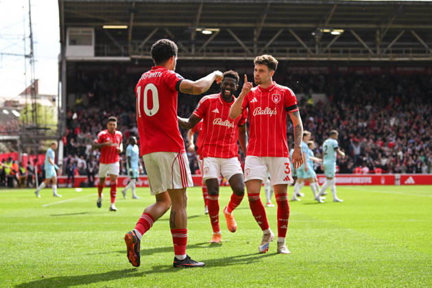 Nottingham, England, 19th April 2026. Morgan Gibbs-White of Nottingham Forest celebrates scoring a second goal to make it 2-1 to his team during the Nottingham Forest vs Burnley Premier League match at the City Ground, Nottingham. Picture credit should read: Harriet Massey Sportimage EDITORIAL USE ONLY. No use with unauthorised audio, video, data, fixture lists, club league logos or live services. Online in-match use limited to 120 images, no video emulation. No use in betting, games or single club league player publications. SPI_084_FOREST_V_BURNLEY SPI-4702-0078