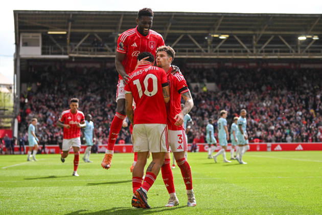 Nottingham, England, 19th April 2026. Morgan Gibbs-White of Nottingham Forest celebrates scoring a second goal to make it 2-1 to his team during the Nottingham Forest vs Burnley Premier League match at the City Ground, Nottingham. Picture credit should read: Harriet Massey Sportimage EDITORIAL USE ONLY. No use with unauthorised audio, video, data, fixture lists, club league logos or live services. Online in-match use limited to 120 images, no video emulation. No use in betting, games or single club league player publications. SPI_085_FOREST_V_BURNLEY SPI-4702-0079
