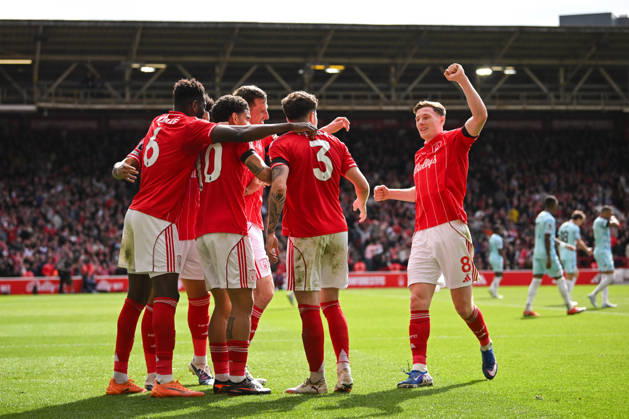 Nottingham, England, 19th April 2026. Morgan Gibbs-White of Nottingham Forest celebrates scoring a second goal to make it 2-1 with team mates during the Nottingham Forest vs Burnley Premier League match at the City Ground, Nottingham. Picture credit should read: Harriet Massey Sportimage EDITORIAL USE ONLY. No use with unauthorised audio, video, data, fixture lists, club league logos or live services. Online in-match use limited to 120 images, no video emulation. No use in betting, games or single club league player publications. SPI_086_FOREST_V_BURNLEY SPI-4702-0080