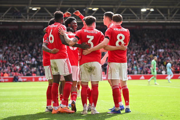 Nottingham, England, 19th April 2026. Morgan Gibbs-White of Nottingham Forest celebrates scoring a second goal to make it 2-1 with team mates during the Nottingham Forest vs Burnley Premier League match at the City Ground, Nottingham. Picture credit should read: Harriet Massey Sportimage EDITORIAL USE ONLY. No use with unauthorised audio, video, data, fixture lists, club league logos or live services. Online in-match use limited to 120 images, no video emulation. No use in betting, games or single club league player publications. SPI_087_FOREST_V_BURNLEY SPI-4702-0081