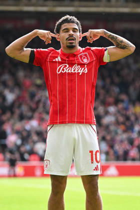 Nottingham, England, 19th April 2026. Morgan Gibbs-White of Nottingham Forest celebrates scoring a second goal to make it 2-1 to his team during the Nottingham Forest vs Burnley Premier League match at the City Ground, Nottingham. Picture credit should read: Harriet Massey Sportimage EDITORIAL USE ONLY. No use with unauthorised audio, video, data, fixture lists, club league logos or live services. Online in-match use limited to 120 images, no video emulation. No use in betting, games or single club league player publications. SPI_088_FOREST_V_BURNLEY SPI-4702-0082