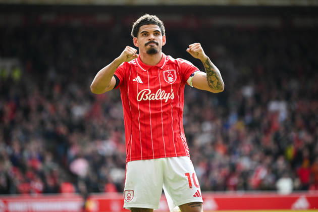 Nottingham, England, 19th April 2026. Morgan Gibbs-White of Nottingham Forest celebrates scoring a second goal to make it 2-1 to his team during the Nottingham Forest vs Burnley Premier League match at the City Ground, Nottingham. Picture credit should read: Harriet Massey Sportimage EDITORIAL USE ONLY. No use with unauthorised audio, video, data, fixture lists, club league logos or live services. Online in-match use limited to 120 images, no video emulation. No use in betting, games or single club league player publications. SPI_090_FOREST_V_BURNLEY SPI-4702-0084