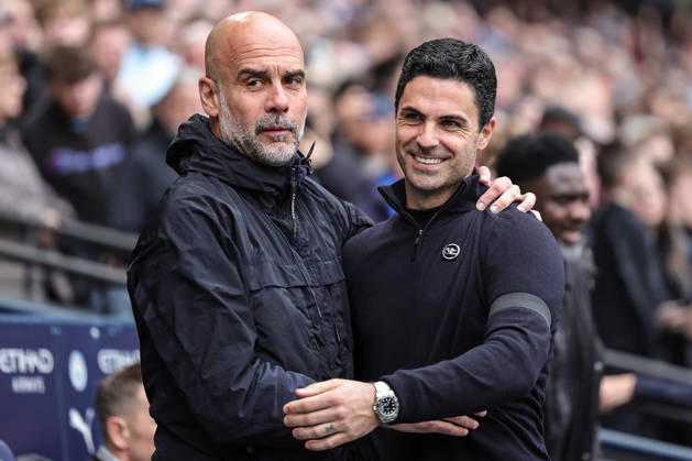 Manchester City v Arsenal - Premier League Pep Guardiola, manager of Manchester City, greets Mikel Arteta, manager of Arsenal, during the Premier League match between Manchester City and Arsenal at Etihad Stadium in Manchester, United Kingdom, on April 19, 2026. Manchester Greater Manchester United, ManU Kingdom Copyright: xNewsxImagesx originalFilename:cosgrove-premierl260419_npMkk