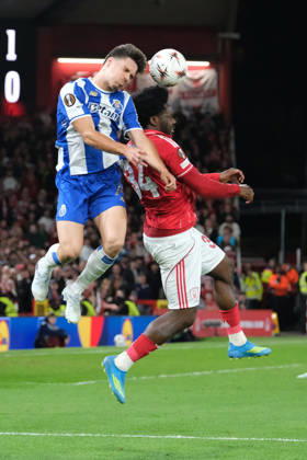 Nottingham Forest v FC Porto - UEFA Europa League Quarter Final Francisco Moura of FC Porto and Ola Aina of Nottingham Forest seen in action during the UEFA Europa league quarter final football match between Nottingham Forest and FC Porto. Final score : Nottingham Forest 1 : 0 FC Porto Nottingham United Kingdom Copyright: xPaulxBonserx xSOPAxImagesx 000214