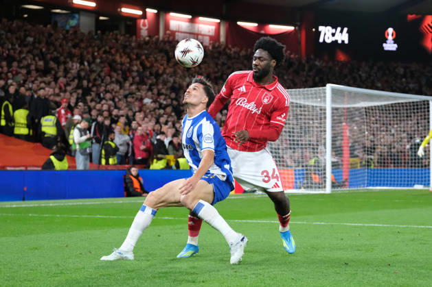 Nottingham Forest v FC Porto - UEFA Europa League Quarter Final Francisco Moura of FC Porto and Ola Aina of Nottingham Forest seen in action during the UEFA Europa league quarter final football match between Nottingham Forest and FC Porto. Final score : Nottingham Forest 1 : 0 FC Porto Nottingham United Kingdom Copyright: xPaulxBonserx xSOPAxImagesx 000217